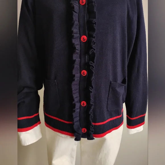 Talbots Cotton Cashmere Nautical Ruffle Cardigan Navy Blue Red Coastal Size 1X - Picture 3 of 14